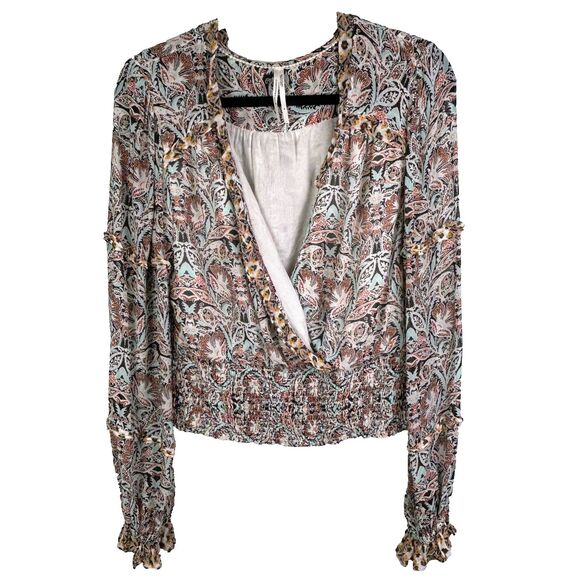 Anthropologie Ruffle Surplice Blouse Open Top Smocked Waist Floral Paisley Pt M - Picture 3 of 16